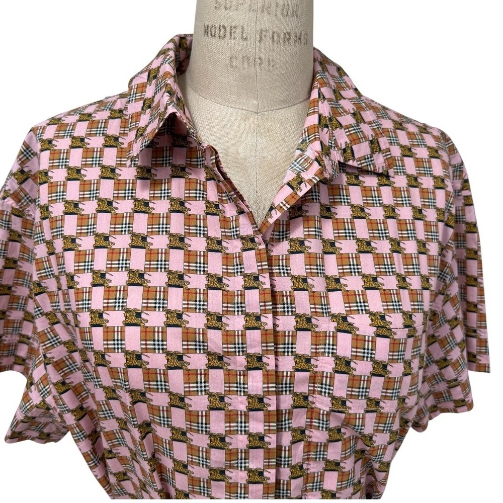 Burberry Shirt Dress Womens 14 Pink Short Sleeve Belted Tiled Archive Print - Picture 6 of 14